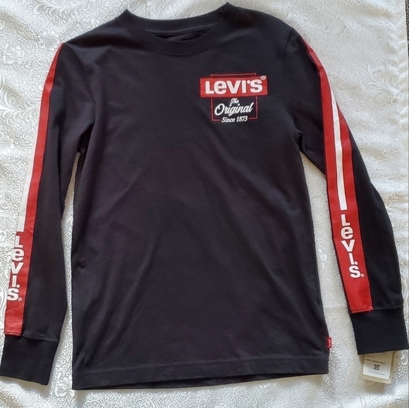 Levi's boys shirt size M black‎ tee red stripes long sleeve sample NWT - Picture 1 of 9
